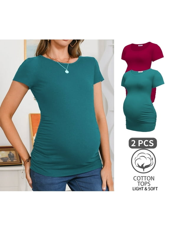 Women’s Cotton Breathable Short Sleeve Maternity Shirt Casual Side Ruched Tunic Pregnancy Top Clothes 2-Pack