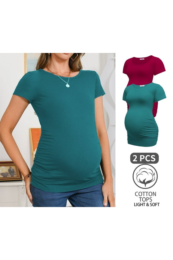 Women’s Cotton Breathable Short Sleeve Maternity Shirt Casual Side Ruched Tunic Pregnancy Top Clothes 2-Pack