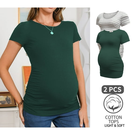 Bearsland Women’s Cotton Breathable Short Sleeve Maternity Shirt Casual Side Ruched Tunic Pregnancy Top Clothes 2-Pack