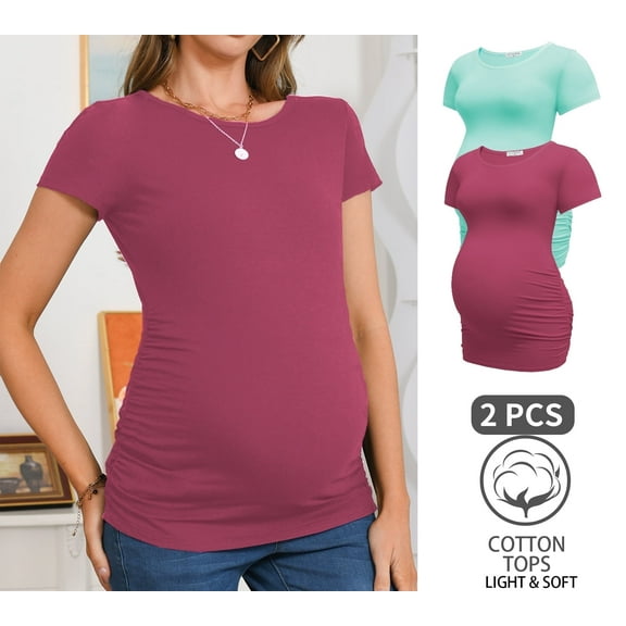 Bearsland Women’s Cotton Breathable Short Sleeve Maternity Shirt Casual Side Ruched Tunic Pregnancy Top Clothes 2-Pack