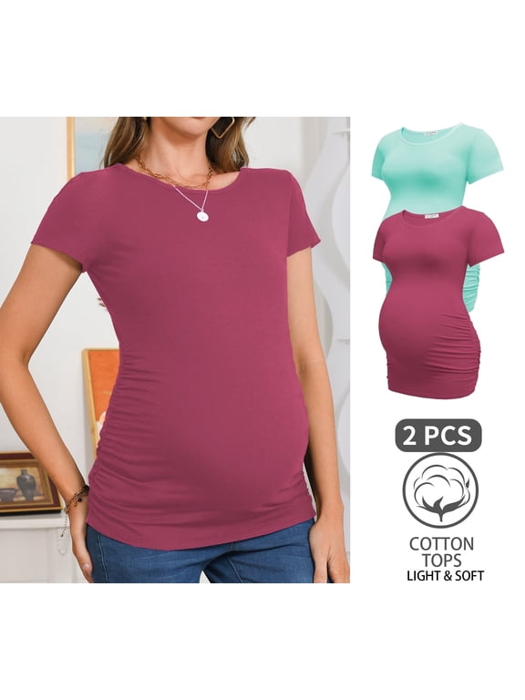 Women’s Cotton Breathable Short Sleeve Maternity Shirt Casual Side Ruched Tunic Pregnancy Top Clothes 2-Pack