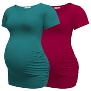Bearsland Women’s Cotton Breathable Short Sleeve Maternity Shirt Casual Side Ruched Tunic Pregnancy Top Clothes 2-Pack