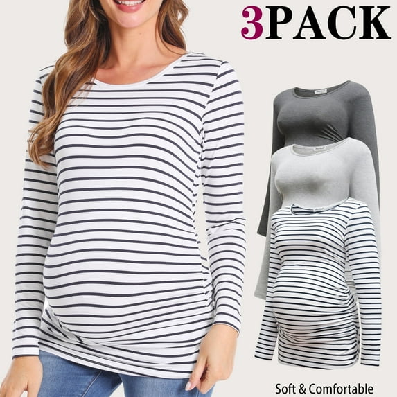 Bearsland Women's Long Sleeve Maternity Shirts Casual Tunic Side Ruched Tops Pregnancy Clothes 3-Pack