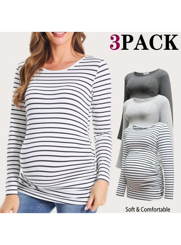 Women's Long Sleeve Maternity Shirts Casual Tunic Side Ruched Tops Pregnancy Clothes 3-Pack
