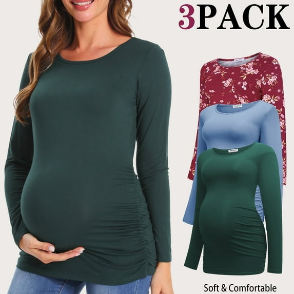 Bearsland Women's Long Sleeve Maternity Shirts Casual Tunic Side Ruched Tops Pregnancy Clothes 3-Pack