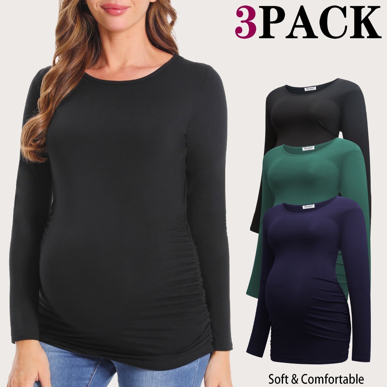 Bearsland Women's Long Sleeve Maternity Shirts Casual Tunic Side Ruched Tops Pregnancy Clothes 3-Pack