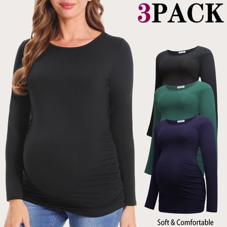 Bearsland Women's Long Sleeve Maternity Shirts Casual Tunic Side Ruched Tops Pregnancy Clothes 3-Pack