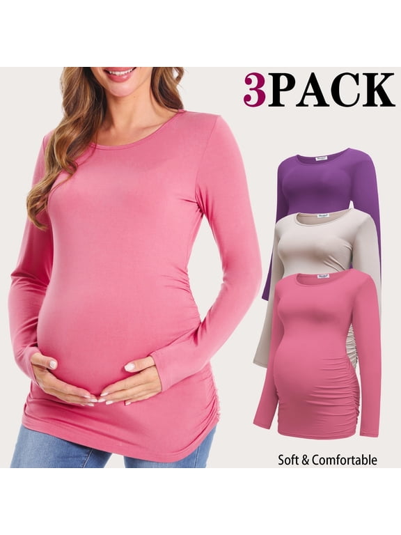 Women's Long Sleeve Maternity Shirts Casual Tunic Side Ruched Tops Pregnancy Clothes 3-Pack