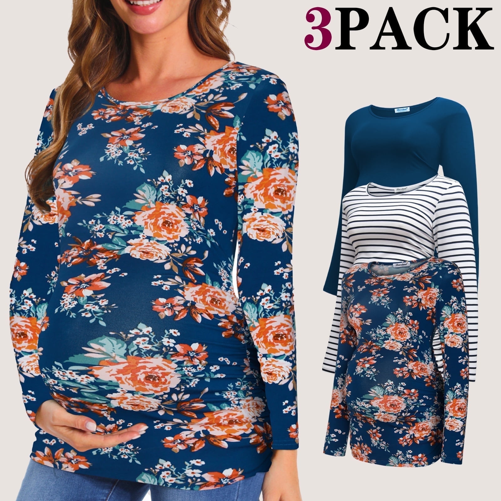 Bearsland Women's Long Sleeve Maternity Shirts Casual Tunic Side Ruched Tops Pregnancy Clothes 3-Pack