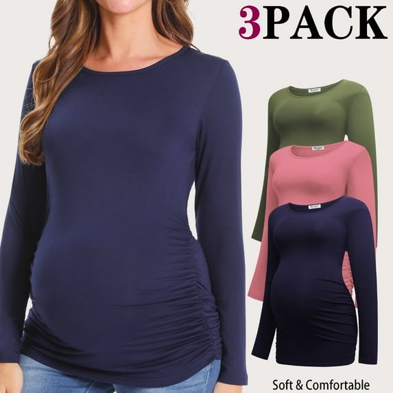 Bearsland Women's Long Sleeve Maternity Shirts Casual Tunic Side Ruched Tops Pregnancy Clothes 3-Pack