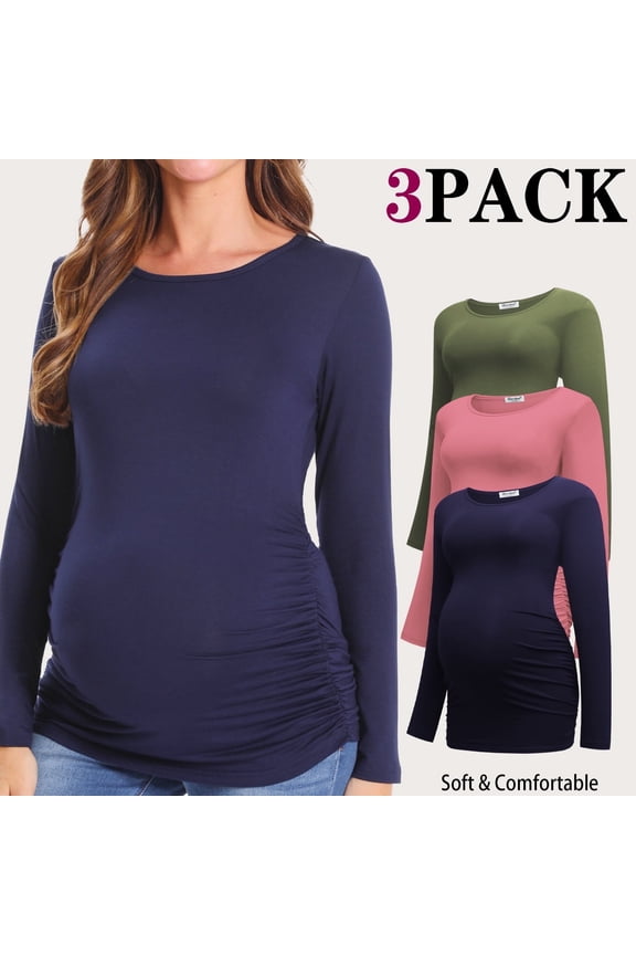 Women's Long Sleeve Maternity Shirts Casual Tunic Side Ruched Tops Pregnancy Clothes 3-Pack