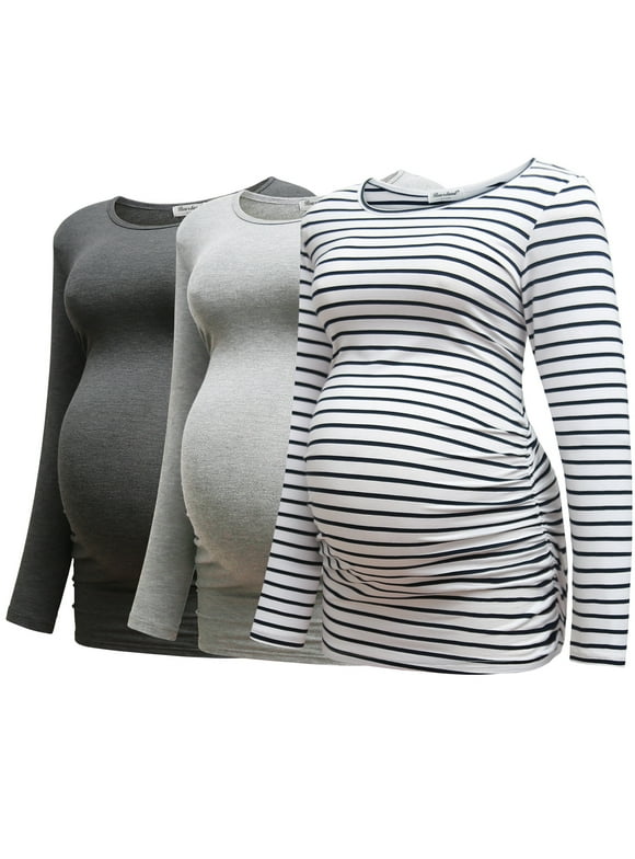 Bearsland Women's Long Sleeve Maternity Tops Casual Side Ruched Clothes Pregnancy Shirts 3-Pack,A-M