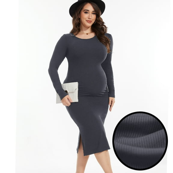 Bearsland Women's Long Sleeve Ribbed Knit Side Slit Maternity Dress Casual Ruched Bodycon Sweater Dress Pregnancy Clothes