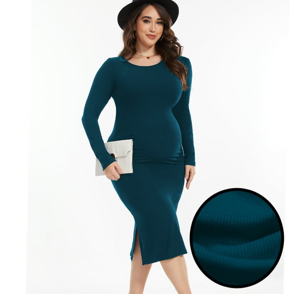 Bearsland Women's Long Sleeve Ribbed Knit Side Slit Maternity Dress Casual Ruched Bodycon Sweater Dress Pregnancy Clothes