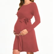 Bearsland Women’s Maternity Midi Dress Long Sleeve Casual Stretchy Pregnacy Dresses With Belt