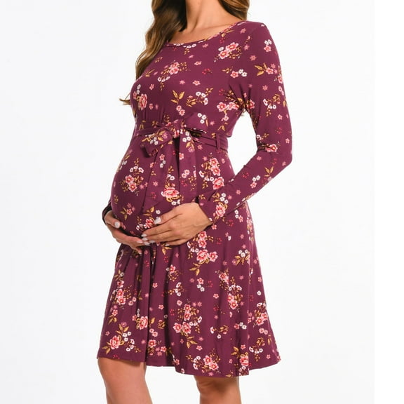 Bearsland Women’s Maternity Midi Dress Long Sleeve Casual Stretchy Pregnacy Dresses With Belt