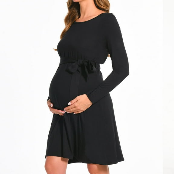 Bearsland Women’s Maternity Midi Dress Long Sleeve Casual Stretchy Pregnacy Dresses With Belt