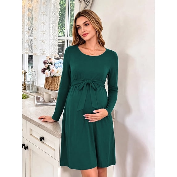 Bearsland Women's Maternity Midi Dress Long Sleeve Casual Stretchy Pregnancy Dresses With Belt