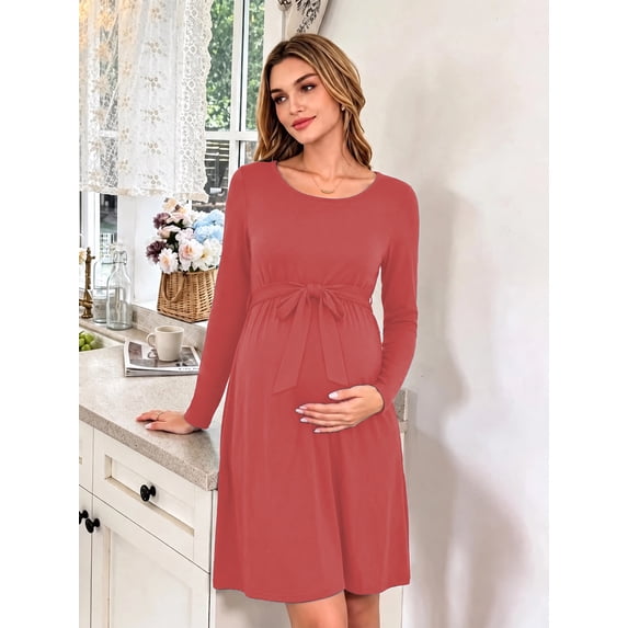 Bearsland Women's Maternity Midi Dress Long Sleeve Casual Stretchy Pregnancy Dresses With Belt