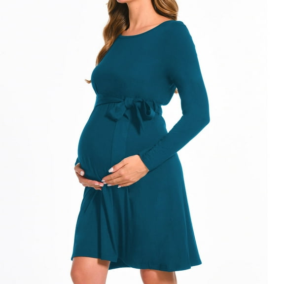 Bearsland Women’s Maternity Midi Dress Long Sleeve Casual Stretchy Pregnancy Dresses With Belt