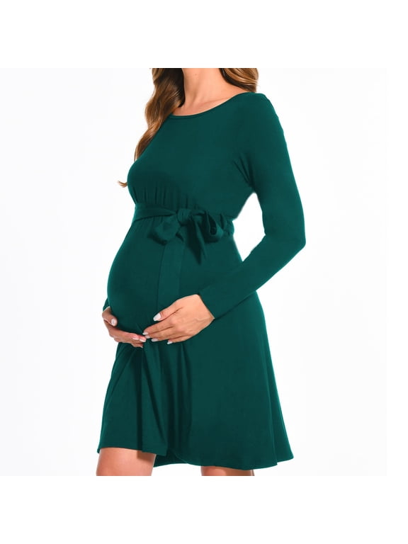 Women’s Maternity Midi Dress Long Sleeve Casual Stretchy Pregnancy Dresses With Belt