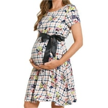Bearsland Women’s Maternity Midi Dress Short Sleeve Casual Stretchy Pregnacy Dresses With Belt