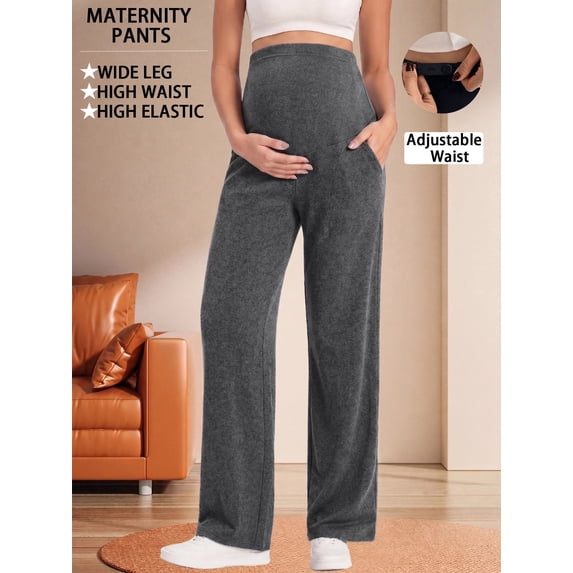 Bearsland Women's Maternity Pants High Waist Wide Leg Work Pants Adjustable Waist Pregnancy Dress Yoga Pants Stretchy Comfy Lounge Casual Daily Wear Trousers with Pockets(M-XXXXL)