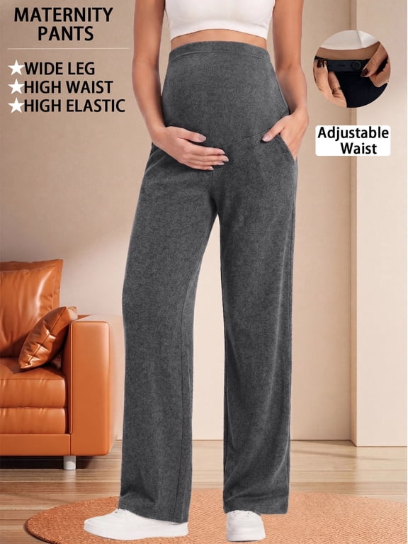 Women's Maternity Pants High Waist Wide Leg Work Pants Adjustable Waist Pregnancy Dress Yoga Pants Stretchy Comfy Lounge Casual Daily Wear Trousers with Pockets(M-XXXXL)
