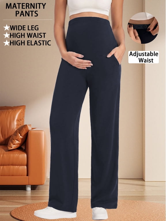 Women's Maternity Pants High Waist Wide Leg Work Pants Adjustable Waist Pregnancy Dress Yoga Pants Stretchy Comfy Lounge Casual Daily Wear Trousers with Pockets(M-XXXXL)