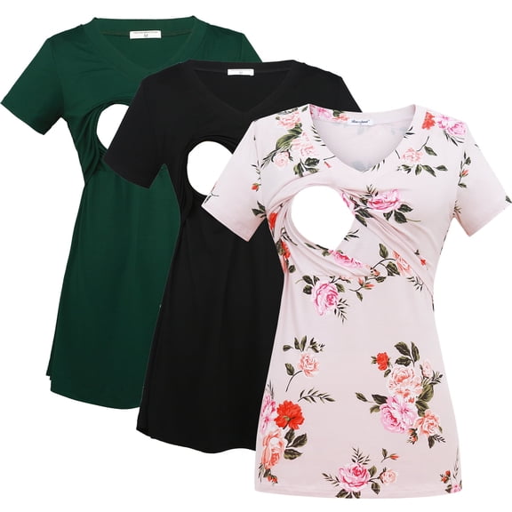 Bearsland Women's Maternity Short Sleeve Breastfeeding Nurding Tops T-Shirts 3-Pack