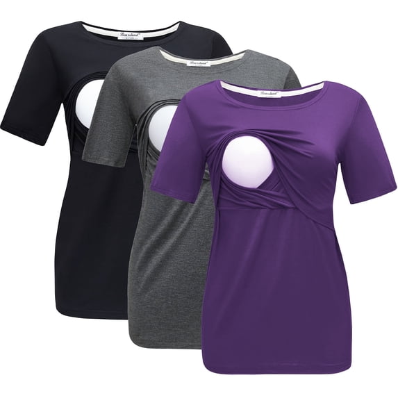 Bearsland Women's Maternity Short Sleeve Breastfeeding Nurding Tops T-Shirts 3-Pack