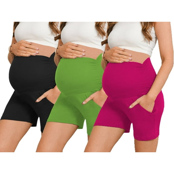 Bearsland Women's Maternity Shorts Over Belly Pregnancy Yoga Workout Lounge Pajama Sleep Shorts With Pocket 3-Pack