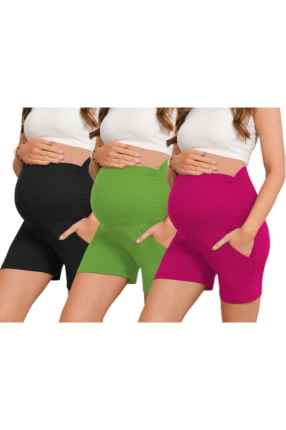 Women's Maternity Shorts Over Belly Pregnancy Yoga Workout Lounge Pajama Sleep Shorts With Pocket 3-Pack