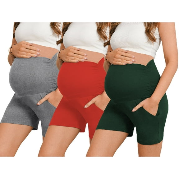 Bearsland Women's Maternity Shorts Over Belly Pregnancy Yoga Workout Lounge Pajama Sleep Shorts With Pocket 3-Pack