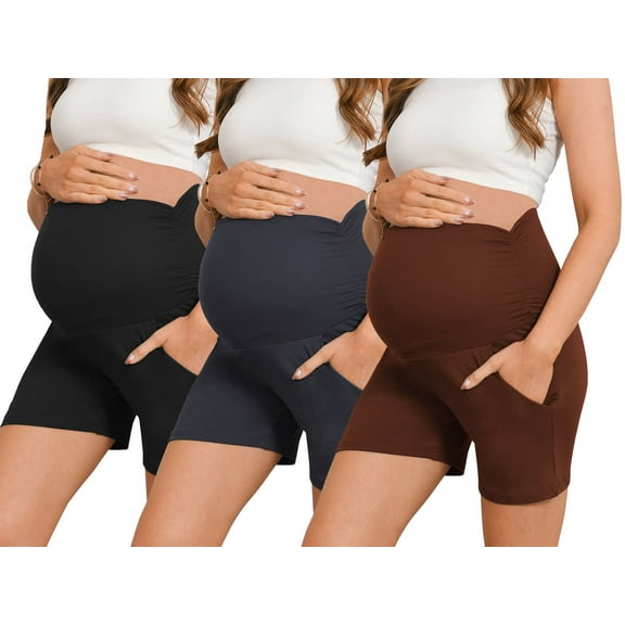 Bearsland Women’s Maternity Shorts over Belly Pregnancy Yoga Workout Lounge Pajama Shorts with Pocket 3-Pack