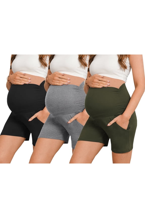 Women's Maternity Shorts over Belly Pregnancy Yoga Workout Lounge Pajama Shorts with Pocket 3-Pack