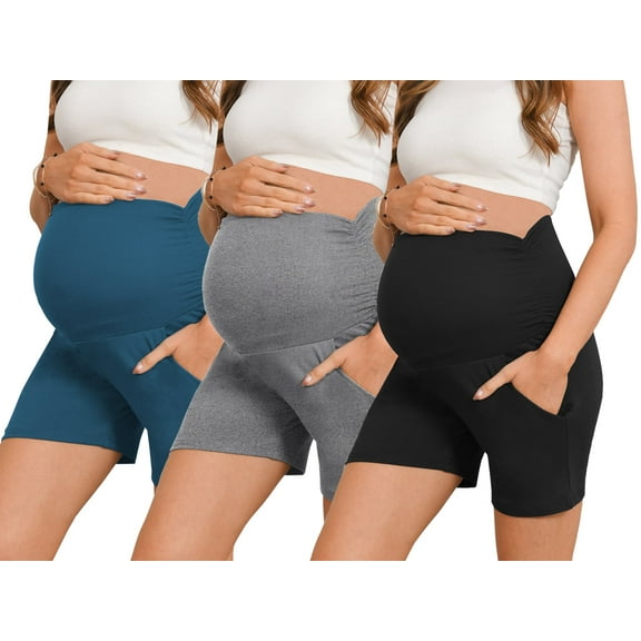 Bearsland Women’s Maternity Shorts over Belly Pregnancy Yoga Workout Lounge Sleep Shorts with Pocket 3-Pack