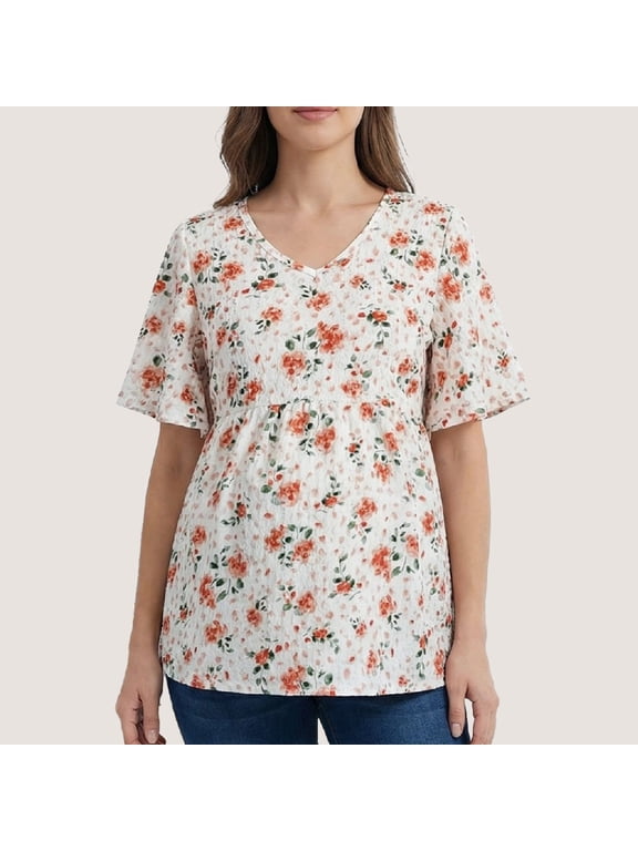 Women's Maternity Top Floral Print Short Sleeve V-Neck Textured Blouse