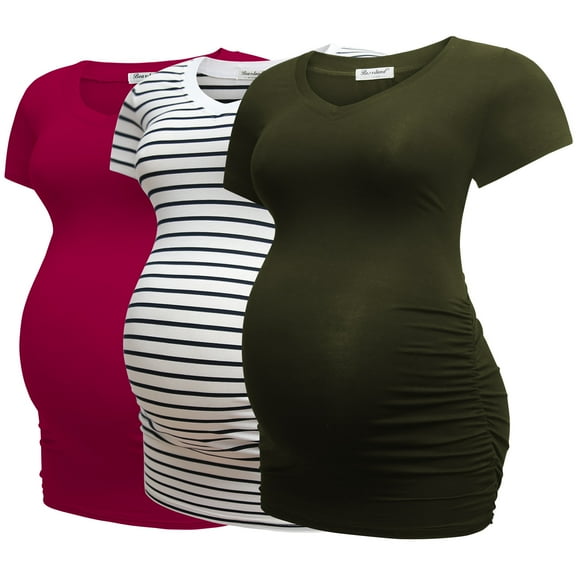 Bearsland Women’s Modal Breathable Short Sleeve Maternity Shirt Casual Side Ruched Tunic Pregnancy Top Clothes 3-Pack