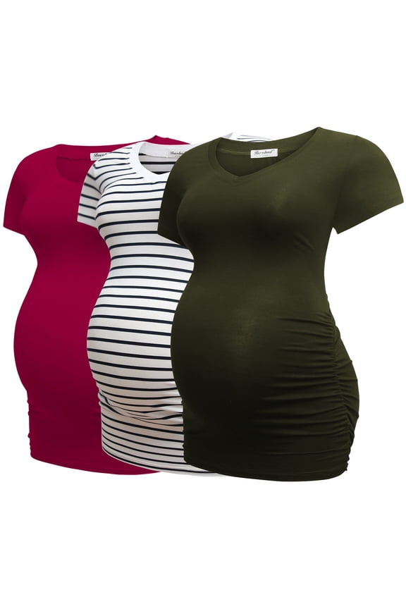 Women’s Modal Breathable Short Sleeve Maternity Shirt Casual Side Ruched Tunic Pregnancy Top Clothes 3-Pack