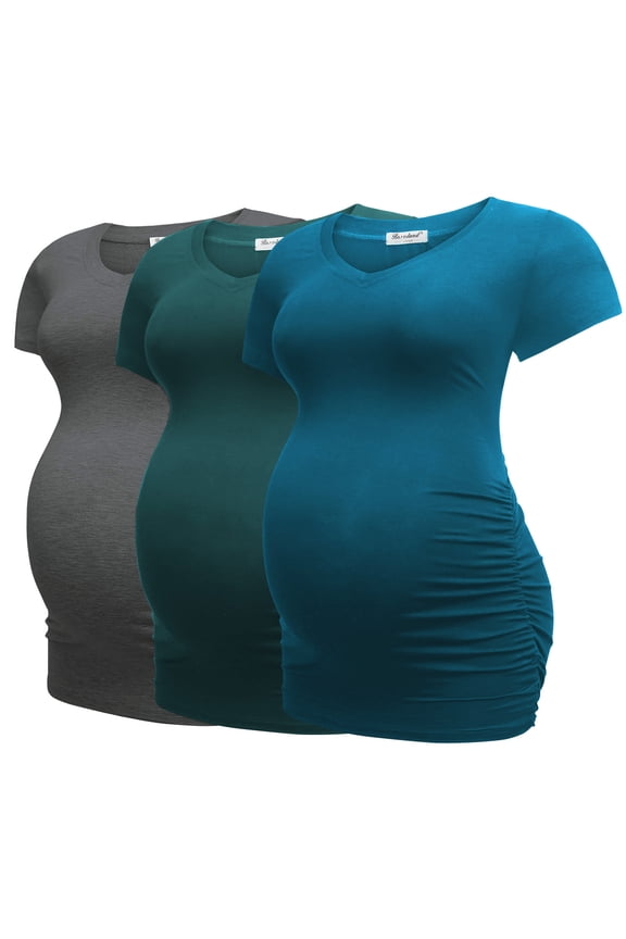Women’s Modal Breathable Short Sleeve Maternity Shirt Casual Side Ruched Tunic Pregnancy Top Clothes 3-Pack