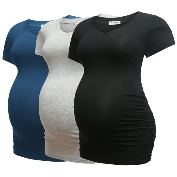 Bearsland Women’s Modal Breathable Short Sleeve Maternity Shirt Casual Side Ruched Tunic Pregnancy Top Clothes 3-Pack