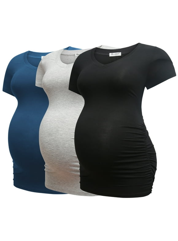 Women’s Modal Breathable Short Sleeve Maternity Shirt Casual Side Ruched Tunic Pregnancy Top Clothes 3-Pack