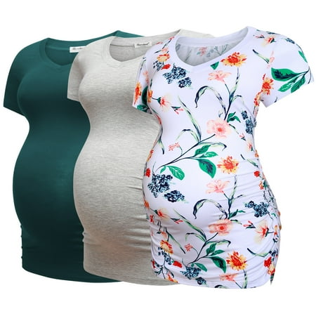 Bearsland Women’s Modal Breathable Short Sleeve Maternity Shirt Casual Side Ruched Tunic Pregnancy Top Clothes 3-Pack