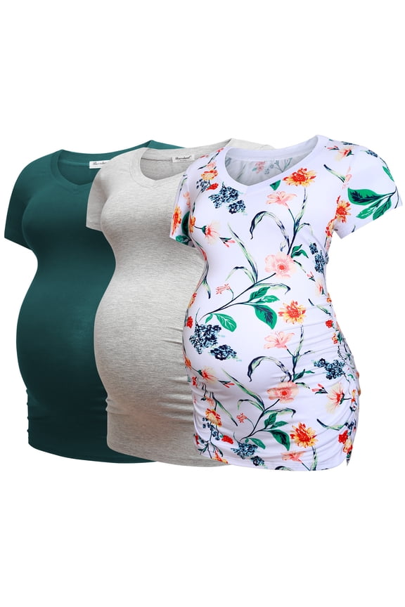 Women’s Modal Breathable Short Sleeve Maternity Shirt Casual Side Ruched Tunic Pregnancy Top Clothes 3-Pack