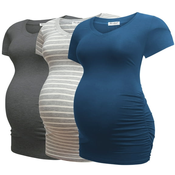 Bearsland Women’s Modal Breathable Short Sleeve Maternity Shirt Casual Side Ruched Tunic Pregnancy Top Clothes 3-Pack