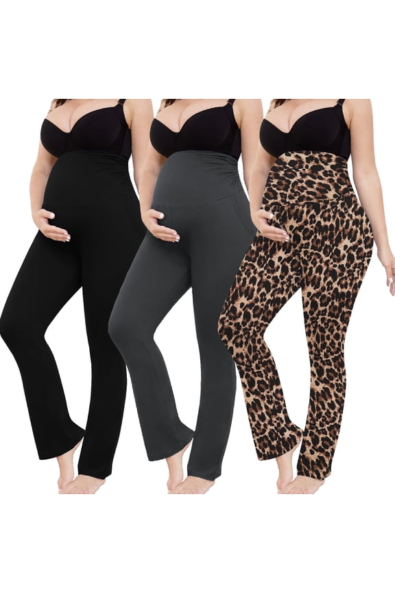 Women's Plus Size Maternity Leggings over Belly Pregnancy Yoga Pants Active Wear Workout Pants with Pocket 3-Pack