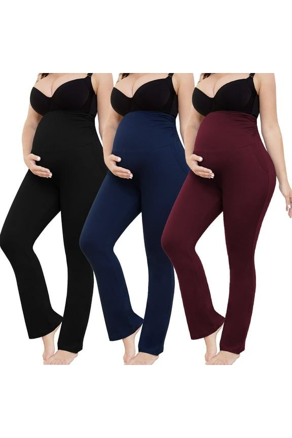 Women's Plus Size Maternity Leggings over Belly Pregnancy Yoga Pants Active Wear Workout Pants with Pocket 3-Pack