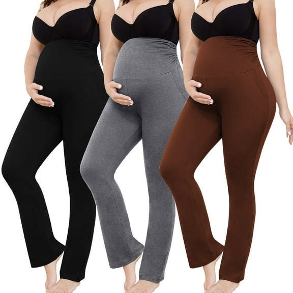 Bearsland Women's Plus Size Maternity Leggings over Belly Pregnancy Yoga Pants Active Wear Workout Pants with Pocket 3-Pack