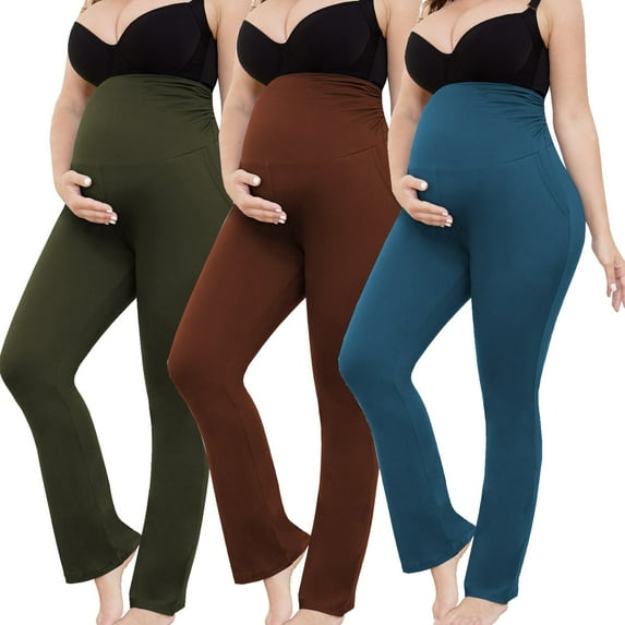 Bearsland Women's Plus Size Maternity Leggings over Belly Pregnancy Yoga Pants Active Wear Workout Pants with Pocket 3-Pack